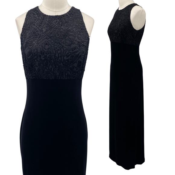 Vintage 90s Beaded Velvet Burnout Maxi Dress Gown High Neck Empire Waist Black 2 - Picture 1 of 9